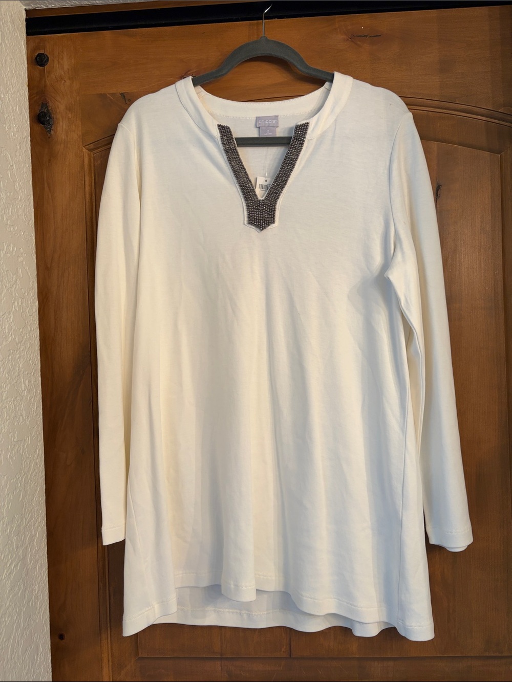 Chico's Cream Long-Sleeve Tunic with Beaded V-Neck Trim